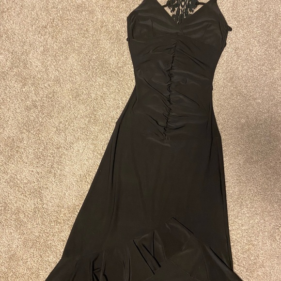 Lace-back Black Dress with Front Ruching and Asymmetrical Hem - Picture 3 of 4